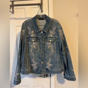 White House Black Market Blue Jean Jacket with Embroidery